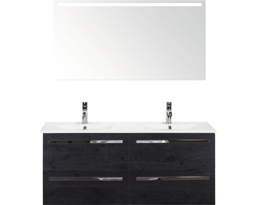 Set de meubles de salle de bains Sanox Seville lxhxp 121 x 170 x 46 cm couleur de façade black oak avec vasque céramique blanc et vasque double céramique miroir avec éclairage LED meuble sous vasque