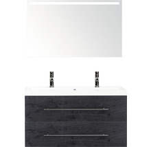 Badmöbel-Set Sanox Straight BxHxT 100 x 170 x 40 cm Frontfarbe black oak mit Waschtisch Mineralguss weiß und Mineralguss-Doppelwaschtisch Spiegel mit LED-Beleuchtung Waschtischunterschrank