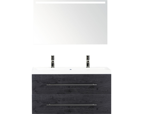 Badmöbel-Set Sanox Straight BxHxT 100 x 170 x 40 cm Frontfarbe black oak mit Waschtisch Mineralguss weiß und Mineralguss-Doppelwaschtisch Spiegel mit LED-Beleuchtung Waschtischunterschrank Waschtisch mit zwei Schubladen, Aufsatzbecken und LED Spiegel
