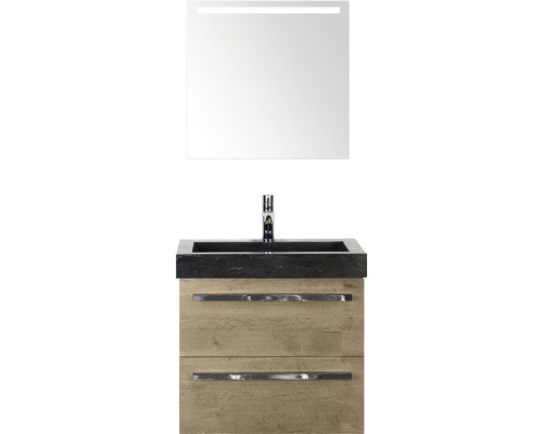 Badmöbel-Set Sanox Seville BxHxT 61 x 170 x 45,5 cm Frontfarbe eiche natur mit Waschtisch Naturstein schwarz und Naturstein-Waschtisch Waschtischunterschrank Spiegel mit LED-Beleuchtung