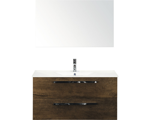 Badmöbel-Set Sanox Seville BxHxT 101 x 170 x 46 cm Frontfarbe tabacco mit Waschtisch Keramik weiß und Keramik-Waschtisch Spiegel Waschtischunterschrank
