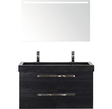 Badmöbel-Set Sanox Seville Frontfarbe schwarz eiche BxHxT 101 x 170 x 45,5 cm mit Natursteinwaschtisch und Spiegel mit LED-Beleuchtung