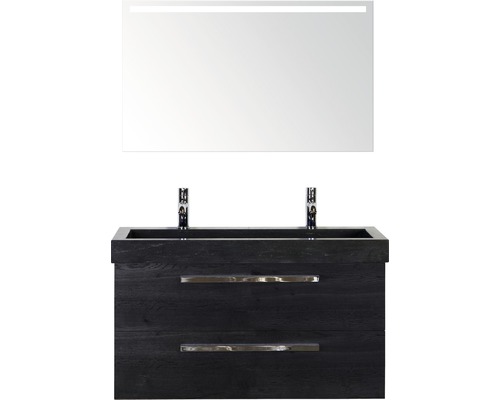 Ensemble de meubles de salle de bains Sanox Seville couleur de façade noir chêne lxhxp 101 x 170 x 45,5 cm avec vasque en pierre naturelle et miroir avec éclairage LED