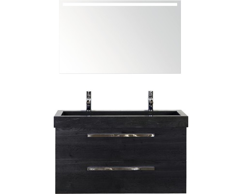 Badmöbel-Set Sanox Seville Frontfarbe schwarz eiche BxHxT 101 x 170 x 45,5 cm mit Natursteinwaschtisch und Spiegel mit LED-Beleuchtung Waschtisch mit Unterschrank und beleuchtetem Spiegel für das Badezimmer