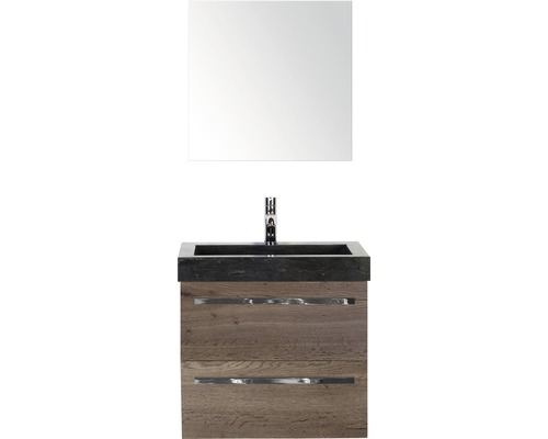 Badmöbel-Set Sanox Seville BxHxT 61 x 170 x 45,5 cm Frontfarbe tabacco mit Waschtisch Naturstein schwarz und Naturstein-Waschtisch Waschtischunterschrank Spiegel