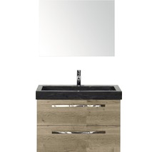 Badmöbel-Set Sanox Seville BxHxT 81 x 170 x 45,5 cm Frontfarbe eiche natur mit Waschtisch Naturstein schwarz und Naturstein-Waschtisch Waschtischunterschrank Spiegel