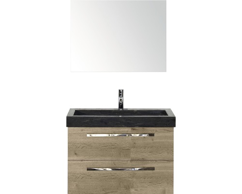 Badmöbel-Set Sanox Seville BxHxT 81 x 170 x 45,5 cm Frontfarbe eiche natur mit Waschtisch Naturstein schwarz und Naturstein-Waschtisch Waschtischunterschrank Spiegel Waschtischkombination mit Spiegel, Waschbecken, Armatur und Unterschrank