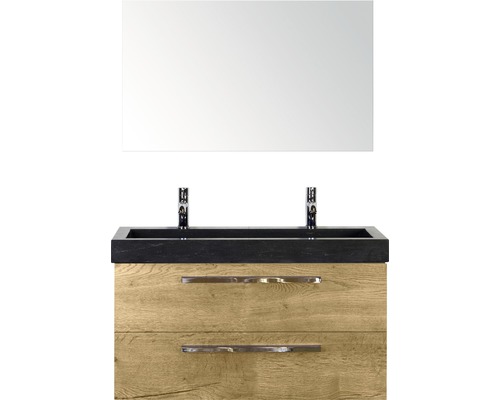 Badmöbel-Set Sanox Seville BxHxT 101 x 170 x 45,5 cm Frontfarbe eiche natur mit Waschtisch Naturstein schwarz und Naturstein-Doppelwaschtisch Waschtischunterschrank Spiegel