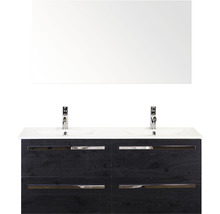 Badmöbel-Set Sanox Seville BxHxT 121 x 170 x 46 cm Frontfarbe black oak mit Waschtisch Keramik weiß und Keramik-Doppelwaschtisch Spiegel Waschtischunterschrank