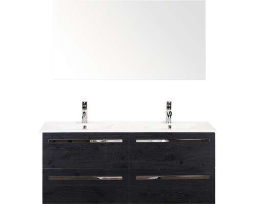 Set de meubles de salle de bains Sanox Seville lxhxp 121 x 170 x 46 cm couleur de façade black oak avec vasque céramique blanc et vasque double céramique miroir meuble sous vasque