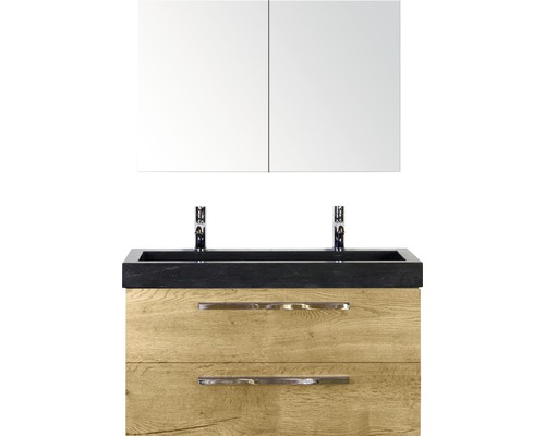 Badmöbel-Set Sanox Seville Frontfarbe eiche natur BxHxT 101 x 170 x 45,5 cm mit Naturstein-Doppelwaschtisch und Spiegelschrank Badmöbel-Set Sanox Seville Frontfarbe eiche natur BxHxT 101 x 170 x 45,5 cm mit Naturstein-Doppelwaschtisch und Spiegelschrank