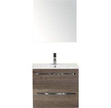 Badmöbel-Set Sanox Seville BxHxT 61 x 170 x 46 cm Frontfarbe tabacco mit Waschtisch Keramik weiß und Keramik-Waschtisch Spiegel Waschtischunterschrank