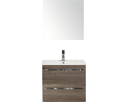 Set de meubles de salle de bains Sanox Seville lxhxp 61 x 170 x 46 cm couleur de façade tabacco avec vasque céramique blanc et vasque céramique miroir meuble sous vasque
