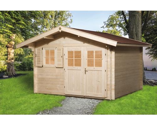 Blockbohlenhaus weka mit Fußboden 420 x 320 cm natur Gartenhaus aus Holz mit Doppeltür und Fenster