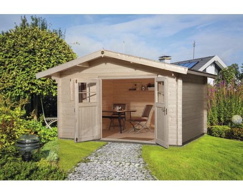 Blockbohlenhaus weka mit Fußboden 460 x 450 cm natur Holzgartenhaus mit Doppeltür im Garten