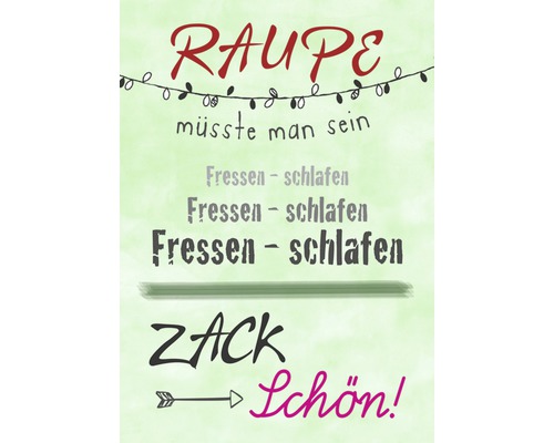 Image calligraphique décorative Raupe müsste man sein, Fressen, schlafen und Zack Schön