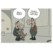 Cartoon-Szene mit zwei Männern und einem Hund, in der über Hundefutter gesprochen wird