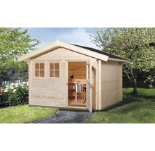 Gartenhaus aus Holz mit geöffneter Tür und Fenstern
