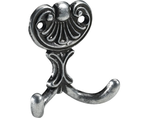 Patère 2 crochets en zinc moulé sous pression argenté bruni, Lxlxh 22/60/67 mm Patère en métal avec design ornemental