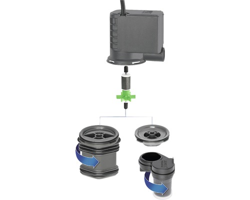Vue éclatée d''une pompe d''aquarium avec rotor et boîtier de filtre
