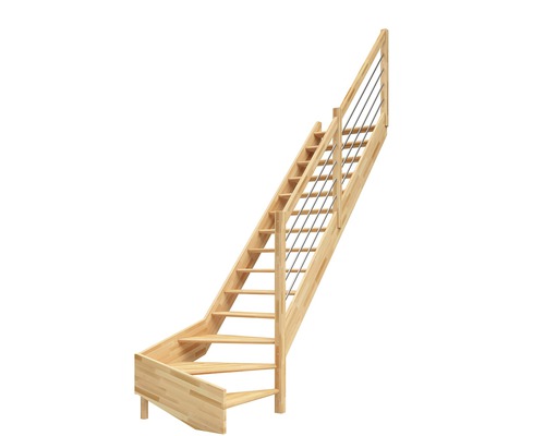 Escalier à limon latéral escalier de meunier Pertura Elenie hêtre bois lamellé-collé sans contremarches 1/4-tournant en bas à droite 16 marches / 17 pas de marche