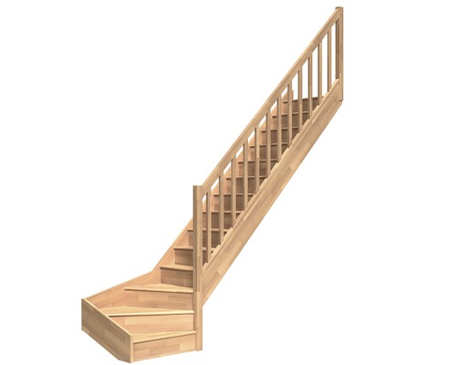 Pertura Escalier à limon latéral Elenie hêtre bois lamellé-collé avec contremarches peint 1/4 de tour en bas à droite 83,5 cm 16 marches / 17 pas de marche garde-corps à barres