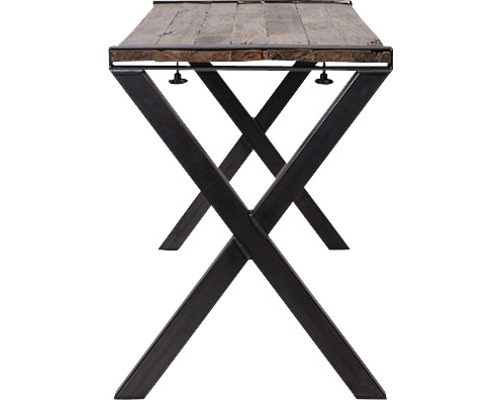 Table avec plateau en bois et piètement en métal en forme de X