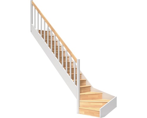 Escalier à limon latéral Pertura Elenie hêtre bois lamellé-collé avec contremarches 1/4 tournant en bas à gauche 16 marches/17 pas de marche garde-corps à barres verticales