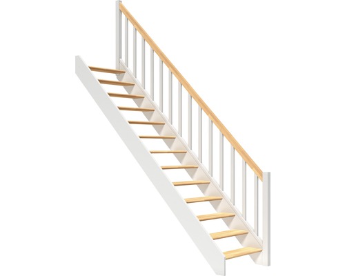 Escalier à limon latéral escalier de meunier Pertura Elenie hêtre bois lamellé-collé sans contremarches droit 14 marches / 15 pas de marche garde-corps à barres verticales