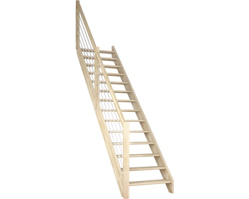 Escalier à limon latéral Pertura Elenie hêtre bois lamellé-collé sans contremarches droit 14 marches / 15 pas de marche garde-corps à barres horizontales