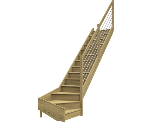 Escalier à limon latéral escalier de meunier Pertura Elenie chêne avec contremarches 1/4-tournant en bas à droite 16 marches / 17 pas de marche garde-corps à barres horizontales