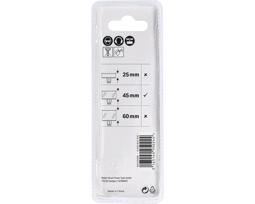 Verpackungsrückseite mit Größenangaben für eine Bohrkrone