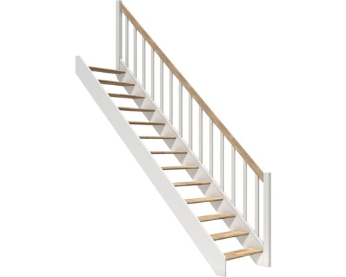 Escalier à limon latéral escalier de meunier Pertura Elenie chêne sans contremarches droit 14 marches / 15 pas de marche garde-corps à barres verticales