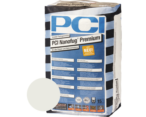 Mortier à joint flexible PCI Nanofug Premium pour carrelage et pierre naturelle dans un sac de 15 kilogrammes avec échantillon de couleur