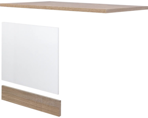 Flex Well Geschirrspülerblende inkl Sockelleiste und Arbeitsplatte Geschirrspülerblende für teilintegrierten Geschirrspüler Samoa BxTxH 59,4 x 1,6 x 68,2 cm weiß sonoma eiche matt zerlegt Anschlag reversibel 00007598 Einzelne Bestandteile eines Hängeschranks mit Regalbrett