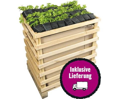Hochbeet aus Holz mit Pflanzmodulen und dem Hinweis inklusive Lieferung.