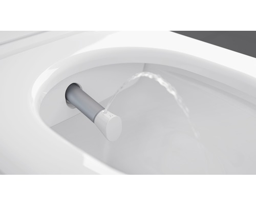 Detailansicht einer Toilette mit Duschfunktion in Betrieb