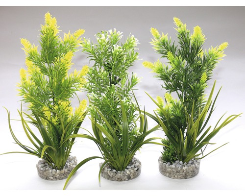 Kunststoff-Wasserpflanze Aquaplant medium 22 cm zufällige Sortenauswahl Drei künstliche Wasserpflanzen mit Kieselsockel für Aquarien