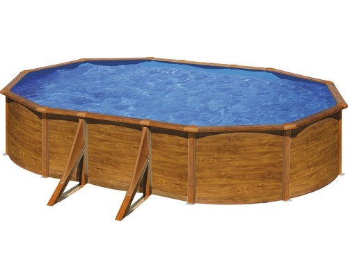 Ensemble de piscine hors sol à paroi en acier Planet Pool Solo ovale 500x300x120 cm avec skimmer intégré aspect bois