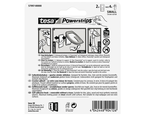 Tesa Powerstrips petit crochet auto-adhésif, se retire sans laisser de traces, deux pièces avec quatre bandes adhésives, pouvoir adhésif maximal sur surface lisse