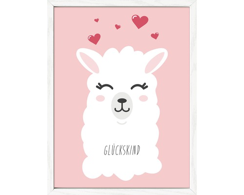 Gerahmtes Bild mit Lama und der Aufschrift Glückskind