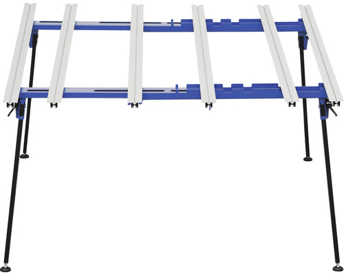 Établi bleu avec pieds réglables et surfaces d''appui blanches