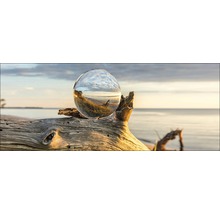 Boule décorative en verre sur un morceau de bois flotté sur la plage