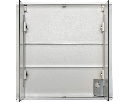 Armoire de toilette ouverte avec deux étagères et prise électrique
