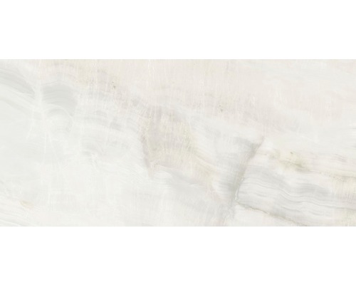 Feinsteinzeug Wand- und Bodenfliese Dubai Pearl 32 x 62,5 cm Detailansicht einer weißen Wandfliese mit Marmoroptik.