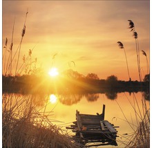 Lever de soleil sur le lac avec jetée en bois et roseaux