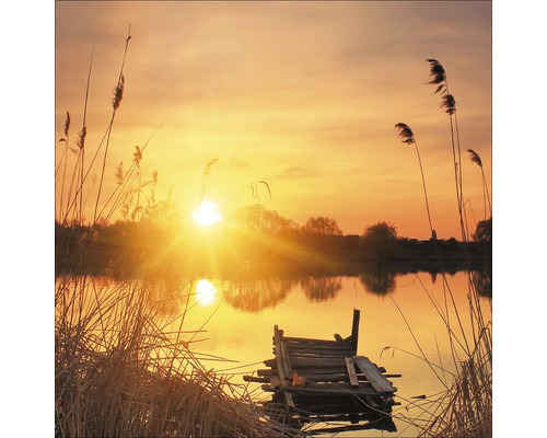 Lever de soleil sur le lac avec jetée en bois et roseaux