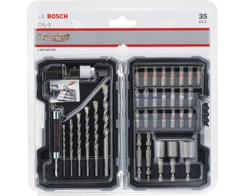 Jeu de forets et d’embouts Bosch CYL-3 35 pièces dans une mallette en plastique ouverte