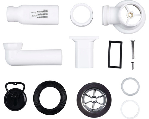 Garniture de vidage pour lavabo, comprenant des tuyaux en plastique, des joints et un bouchon