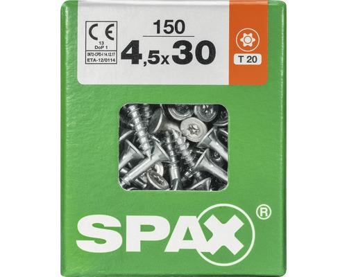 Vis à tige de dimension 4,5x30 dans un emballage Spax vert
